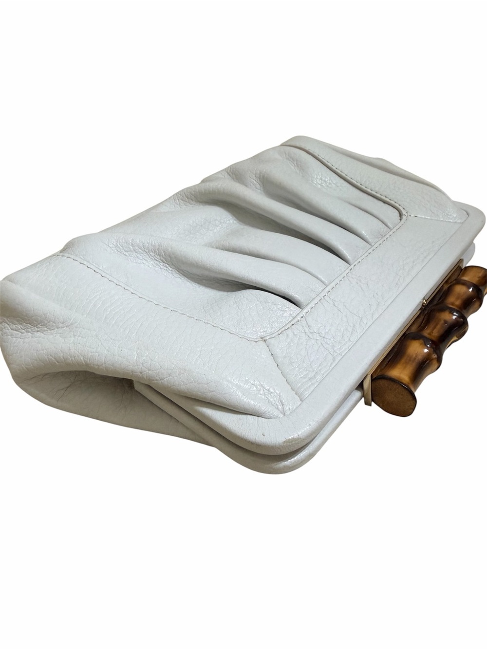 Elaine Turner White Leather Clutch Bamboo Handle with Small Mirror Chic Boho - Picture 7 of 11
